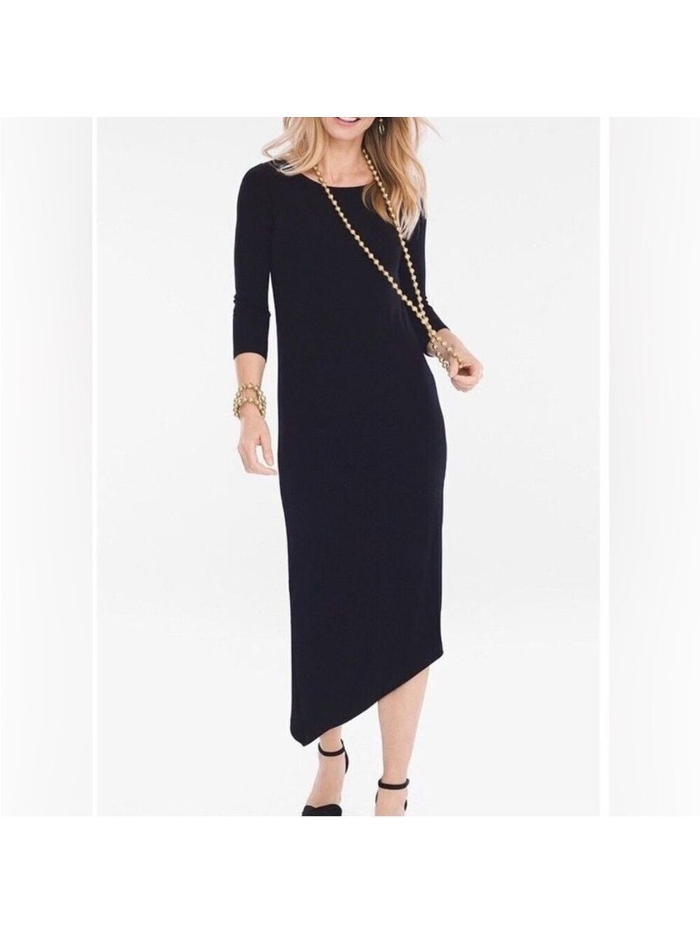 Chico’s Travelers Classic Asymmetrical Hem Black Slinky Maxi Dress, size 4/6 (0)